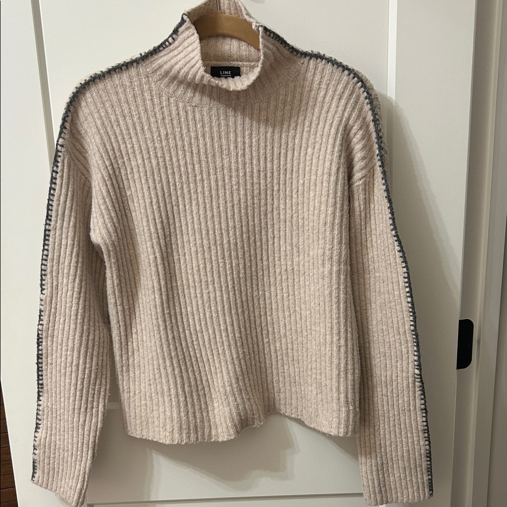 Ribbed Cream Sweater with Charcoal Grey Trim